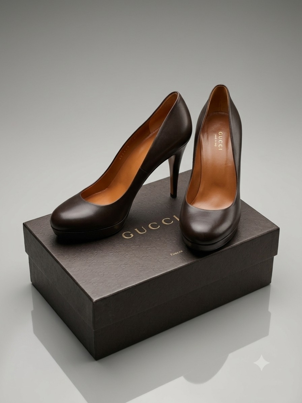 GUCCI Nappa Charlotte BRWN Leather Platform Pumps Heels  38.5/US 8.5 MSRP $520